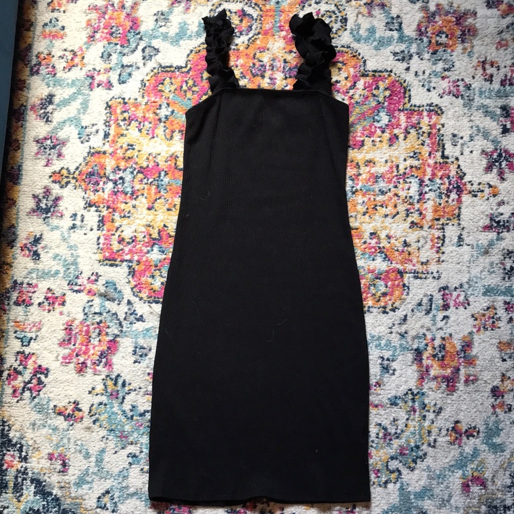 Ribbed Black Dress with Ruffle Straps